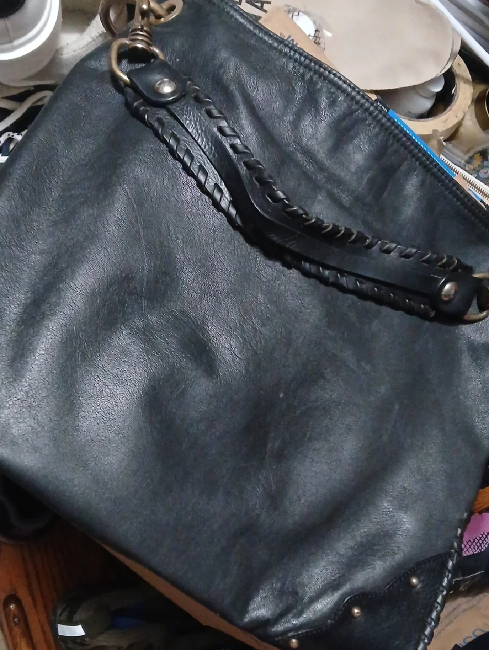 Gianni‎ Chiarini,Soft Black Leather Hobo with Brass Ring Details. Med. Sz.